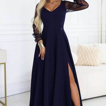 Navy Blue Dress with Tulle Sleeves and Neckline – Loretta
