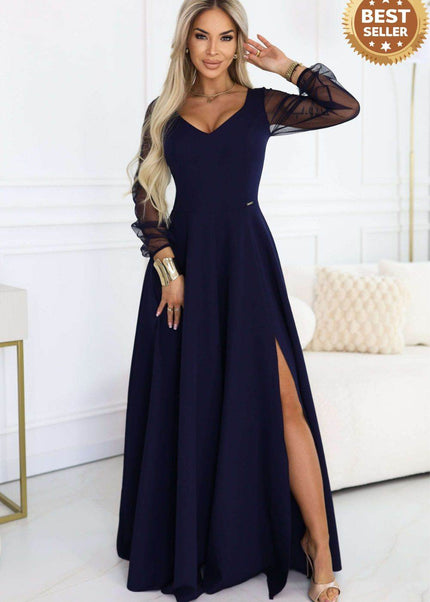 Navy Blue Dress with Tulle Sleeves and Neckline – Loretta