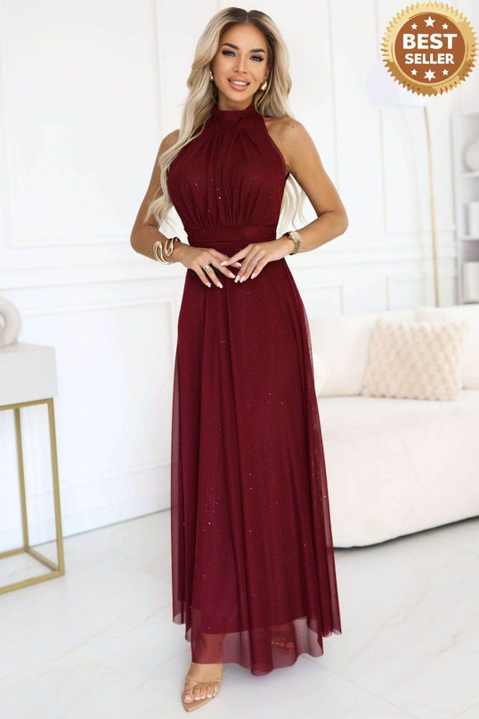 Burgundy Long Dress with Brocade Accent – Veronica