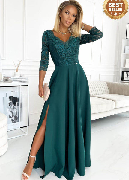Green Lace Long Dress with Neckline – Amber
