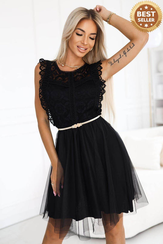 Black Lace Dress with Tulle Skirt and Gold Belt – Greta