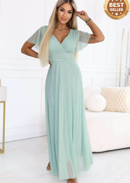 Pistachio Long Shimmer Dress with Neckline and Short Sleeve – Melania