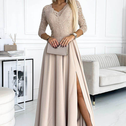 Beige Lace Dress with Leg Slit – Amber
