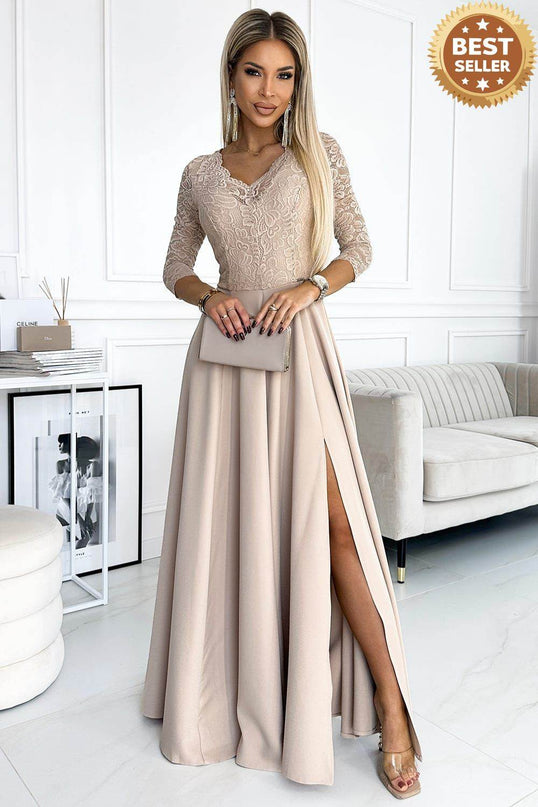 Beige Lace Dress with Leg Slit – Amber