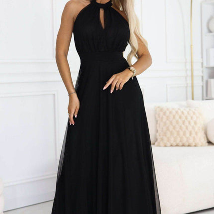 Black Tulle Halter Maxi Dress with Waist Tie