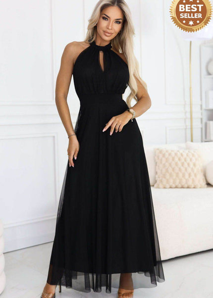 Black Tulle Halter Maxi Dress with Waist Tie