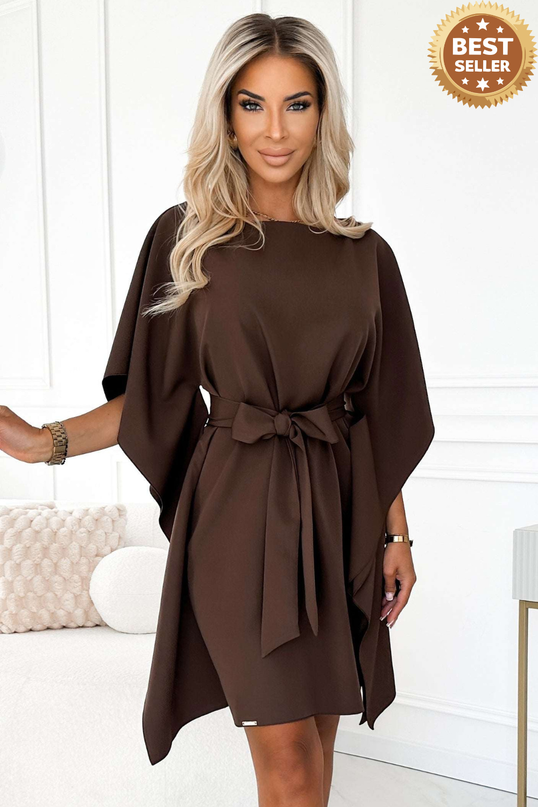 287-33 SOFIA Butterfly dress with a binding at the waist - chocolate color