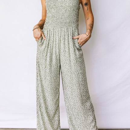 Green Smocked Bodice Square Neck Sleeveless Floral Jumpsuit