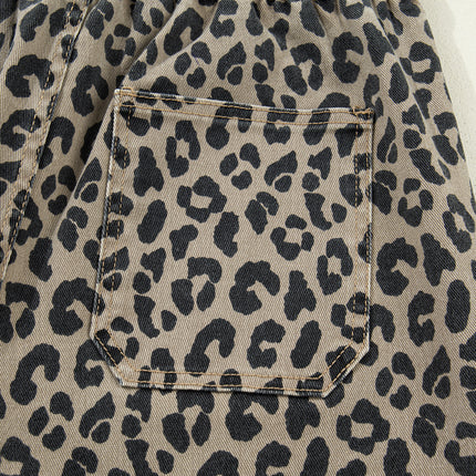 Khaki Leopard Print Drawstring Elastic Waist Loose Denim Pants with Pockets