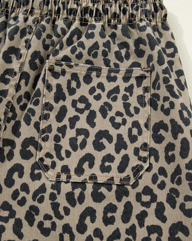 Khaki Leopard Print Drawstring Elastic Waist Loose Denim Pants with Pockets