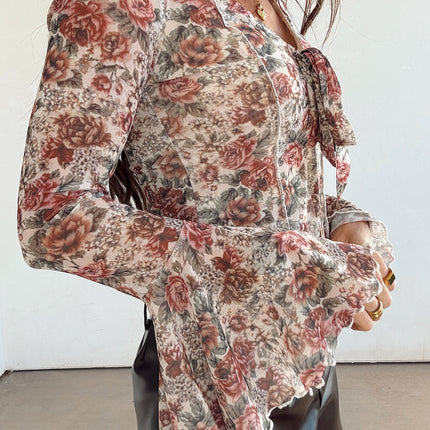 Red Floral Print Stitched Detail Tie V Neck Long Bell Sleeve Blouse