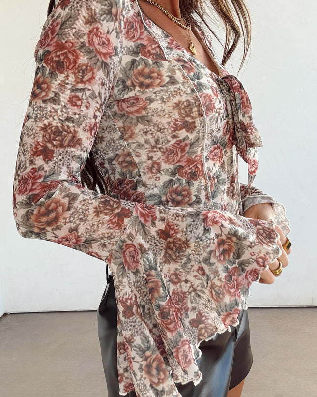 Red Floral Print Stitched Detail Tie V Neck Long Bell Sleeve Blouse