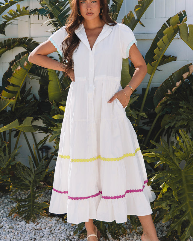 White Colorblock Rickrack Trim Short Sleeve Drawstring Waist Long Dress