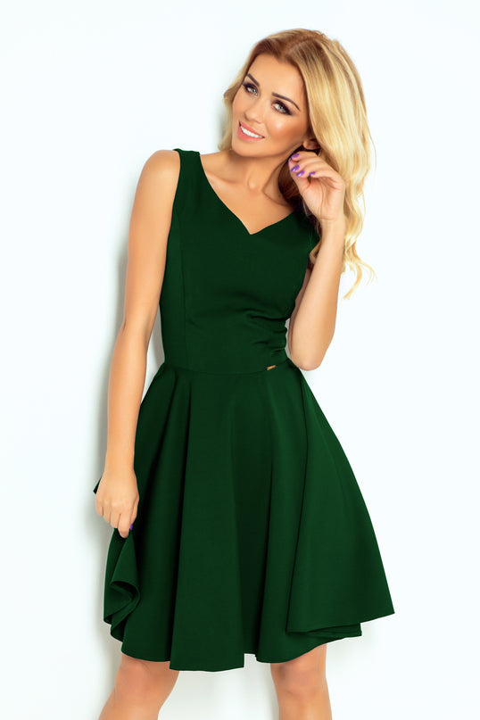Dark Green Flared Dress with Heart-Shaped Neckline