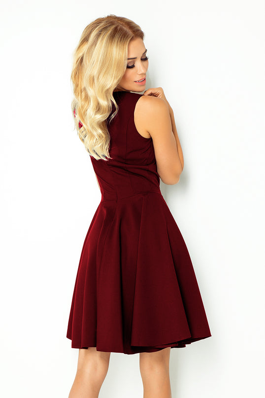 Burgundy Flared Dress with Heart-Shaped Neckline