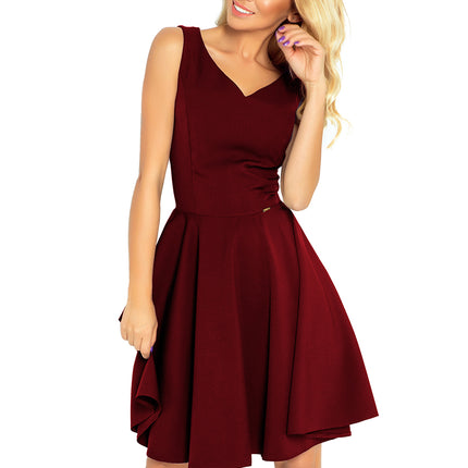 Burgundy Flared Dress with Heart-Shaped Neckline