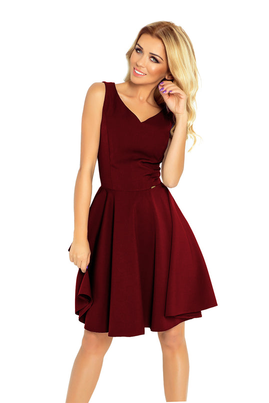 Burgundy Flared Dress with Heart-Shaped Neckline