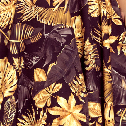 Flared Dress with Heart-Shaped Neckline and Golden Leaves