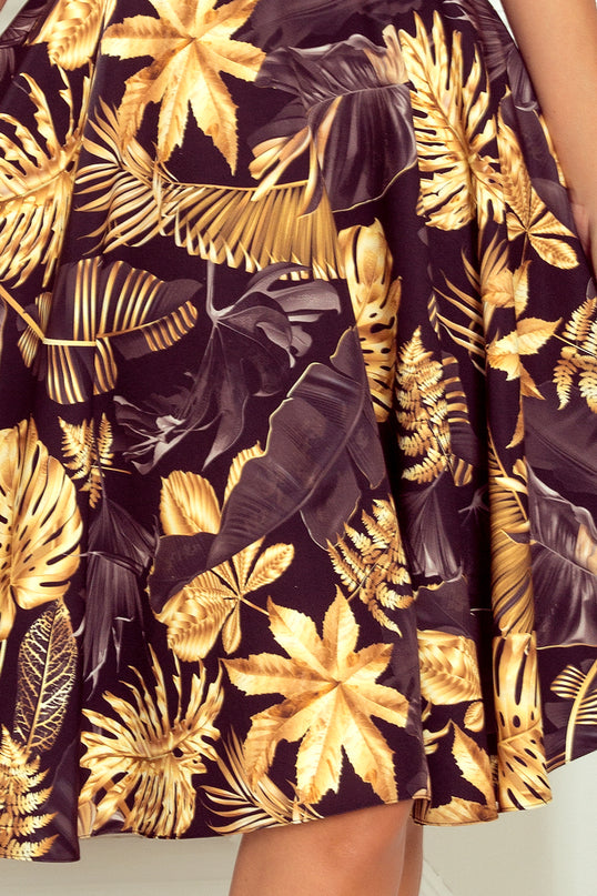 Flared Dress with Heart-Shaped Neckline and Golden Leaves