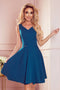 Sea Color Flared Dress with Heart-Shaped Neckline