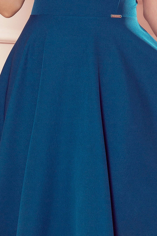 Sea Color Flared Dress with Heart-Shaped Neckline