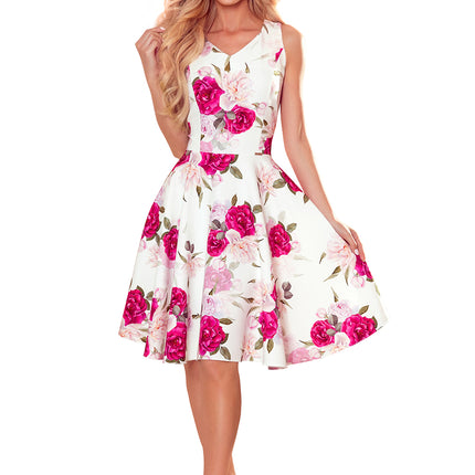 Flared Dress with Heart-Shaped Neckline and Roses