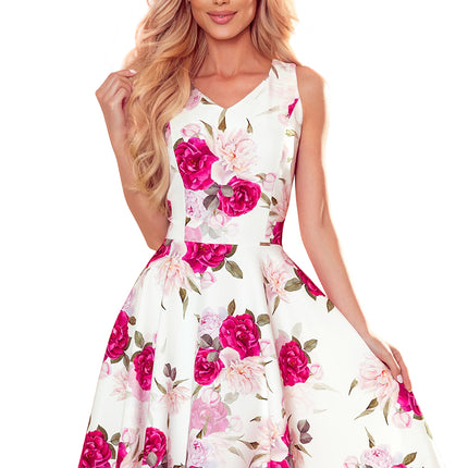Flared Dress with Heart-Shaped Neckline and Roses