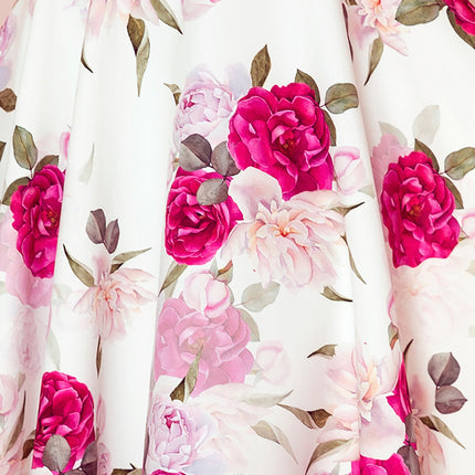 Flared Dress with Heart-Shaped Neckline and Roses