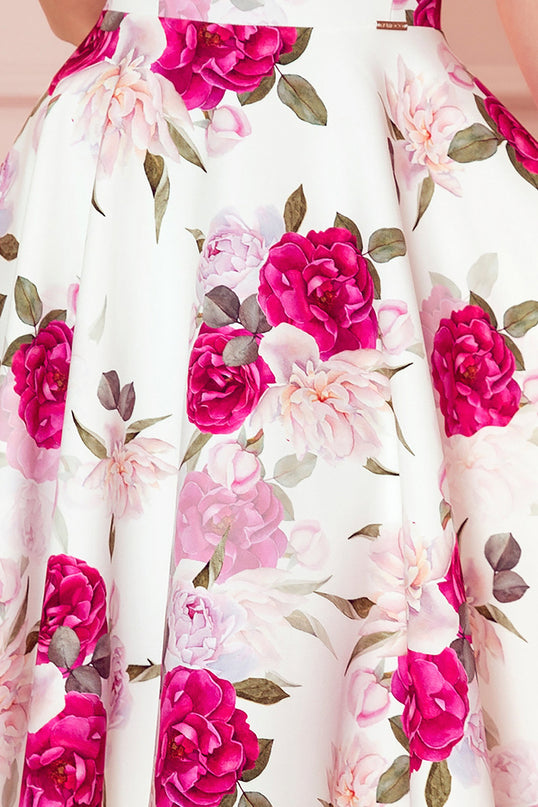 Flared Dress with Heart-Shaped Neckline and Roses