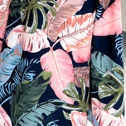 Navy Blue Flared Dress with Pink Leaves – Heart-Shaped Neckline