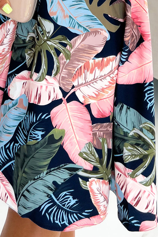 Navy Blue Flared Dress with Pink Leaves – Heart-Shaped Neckline