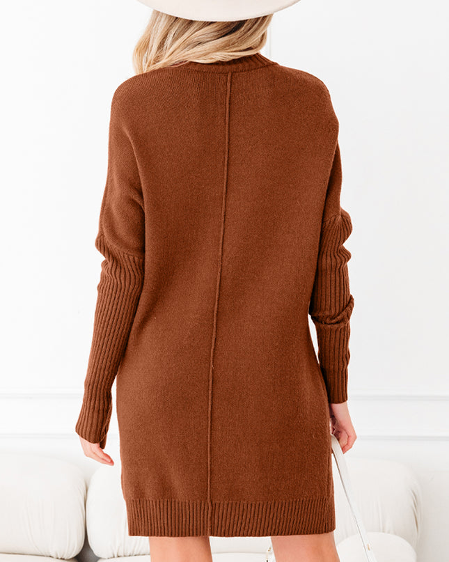 Chestnut Ribbed High Neck Front Pockets Center Seam Shift Sweater Dress