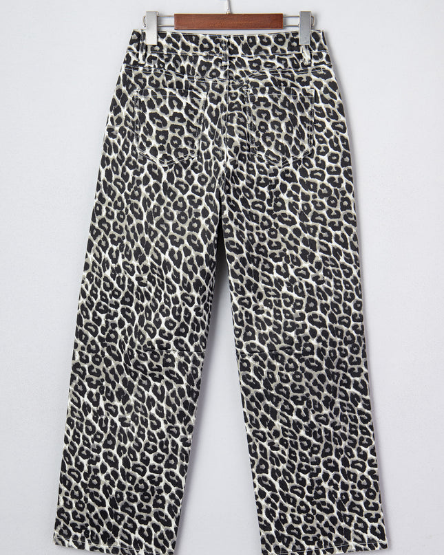 Black Leopard Print Barrel Jeans
