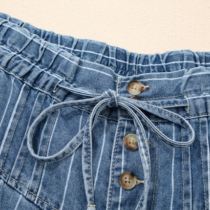 Sky Blue Stripe Button Pleated Drawstring Waist Casual Wide Leg Jeans