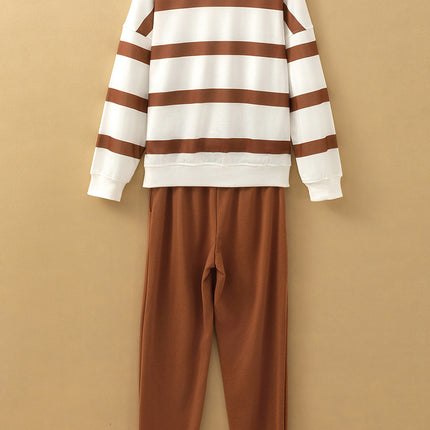Brown Stripe Striped Drop Shoulder Pullover and Jogger Pants Set