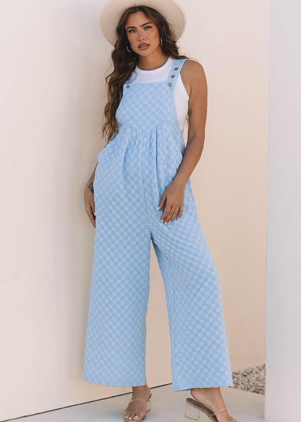 Beau Blue Checkered Pocketed High Waist Wide Leg Overall