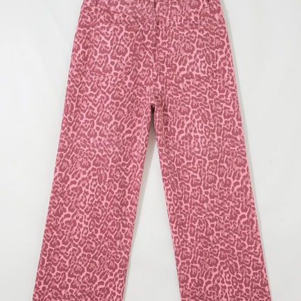 Rose Leopard Frayed Edge Wide Leg High Waist Jeans