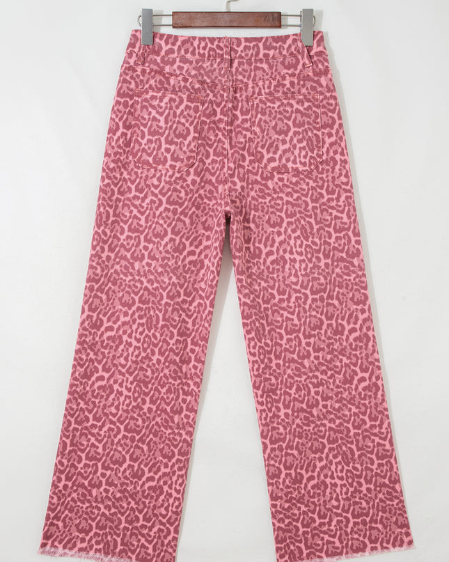 Rose Leopard Frayed Edge Wide Leg High Waist Jeans