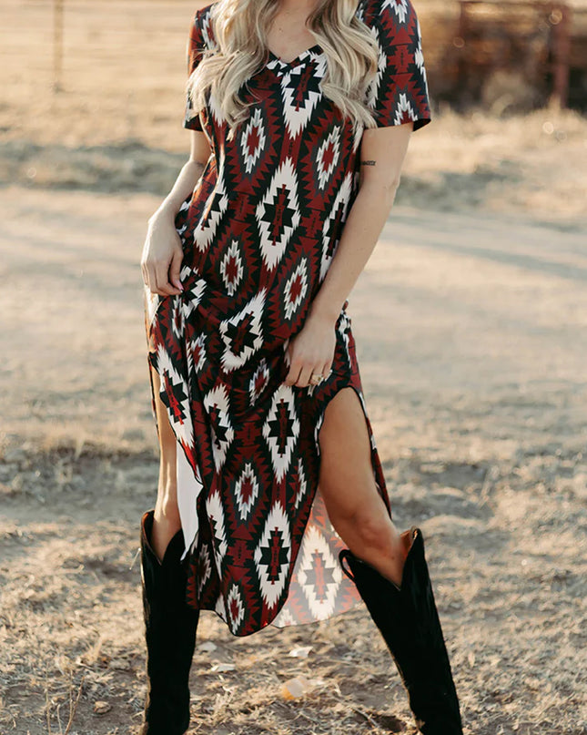 Red Western Aztec Printed Long T-shirt Dress