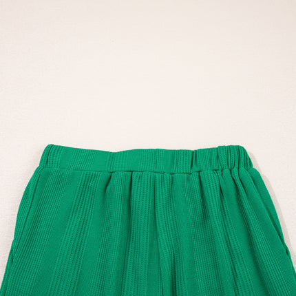 Beau Blue Solid Color Ribbed Ruffle Tank Top and Pants Set