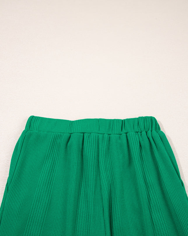 Beau Blue Solid Color Ribbed Ruffle Tank Top and Pants Set