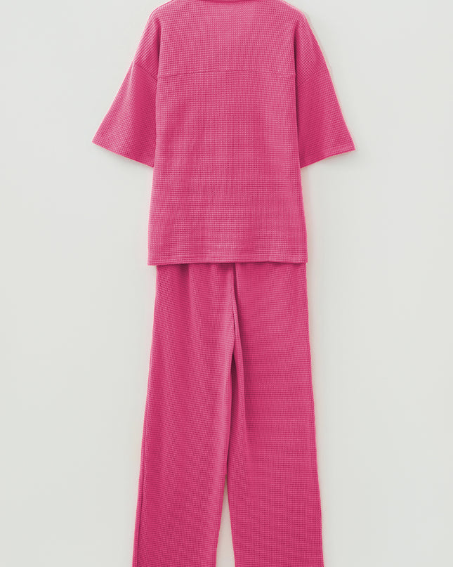 Rose Red Solid Color Textured Buttoned Shirt and Casual Pants Set