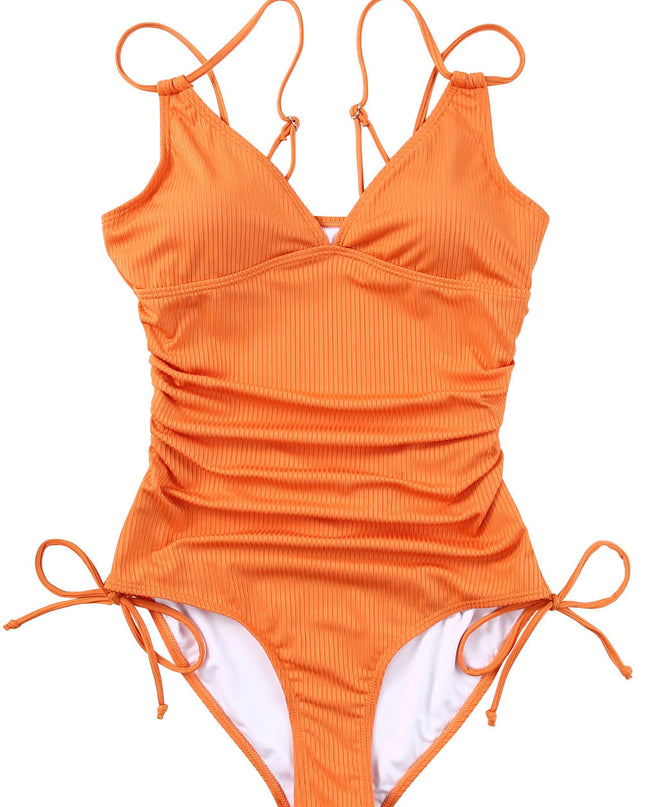 Sky Blue Adjustable Straps Ribbed Knit One Piece Swimsuit