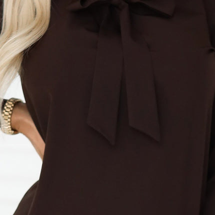 140-29 Business blouse with long sleeves and a tie at the front - chocolate