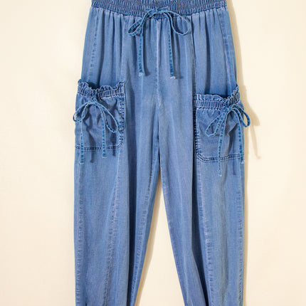 Beau Blue Drawstring Elastic Waist Pocketed Loose Denim Pants