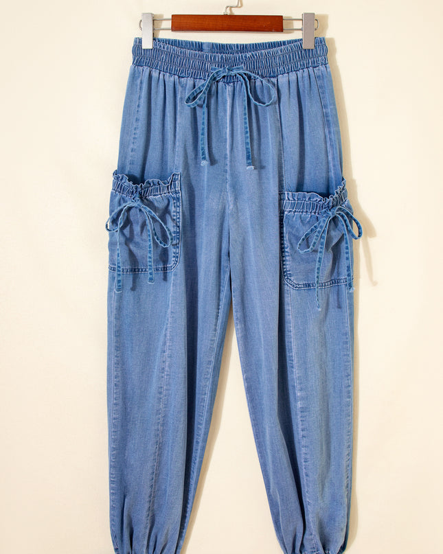 Beau Blue Drawstring Elastic Waist Pocketed Loose Denim Pants