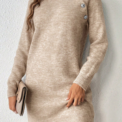 Parchment Button Lace Detail Raglan Sleeve Shift Mini Sweater Dress
