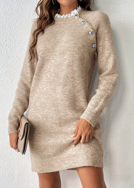 Parchment Button Lace Detail Raglan Sleeve Shift Mini Sweater Dress