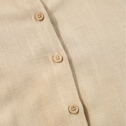 Tan Puff Sleeve Buttoned Tiered Pleated Shirt Mini Dress