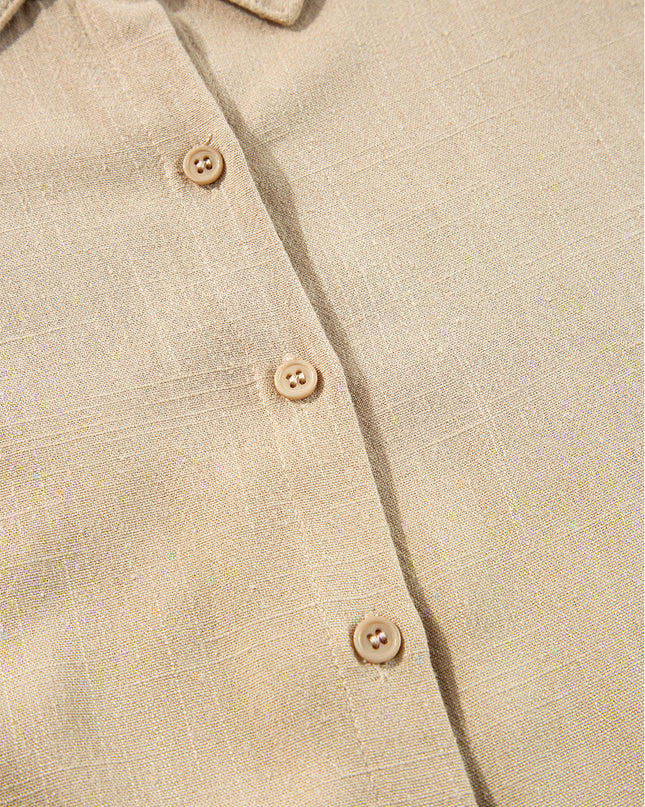 Tan Puff Sleeve Buttoned Tiered Pleated Shirt Mini Dress